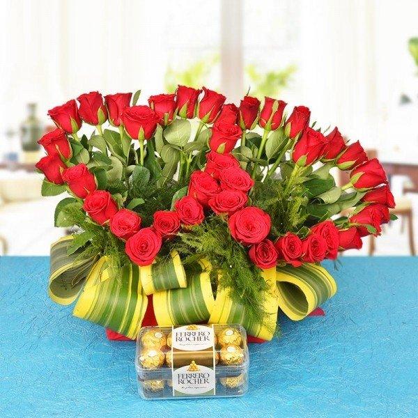 40 Red Roses with 16 Ferrero Rocher Chocolates