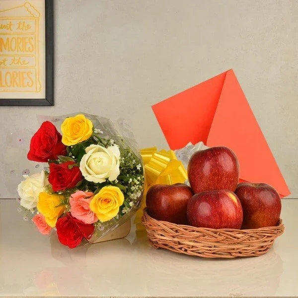 10 Colorful Roses with 1 Kg Fresh Apples Basket