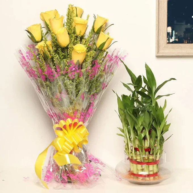 10 Yellow Rose Bouquet with 3 Layer Lucky Bamboo Plant