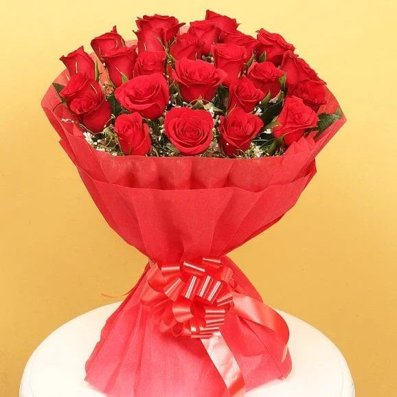 24 Red Roses Hand Tied Bouquet in Red Wrapping - Flower Delivery in GiftsGhaziabad