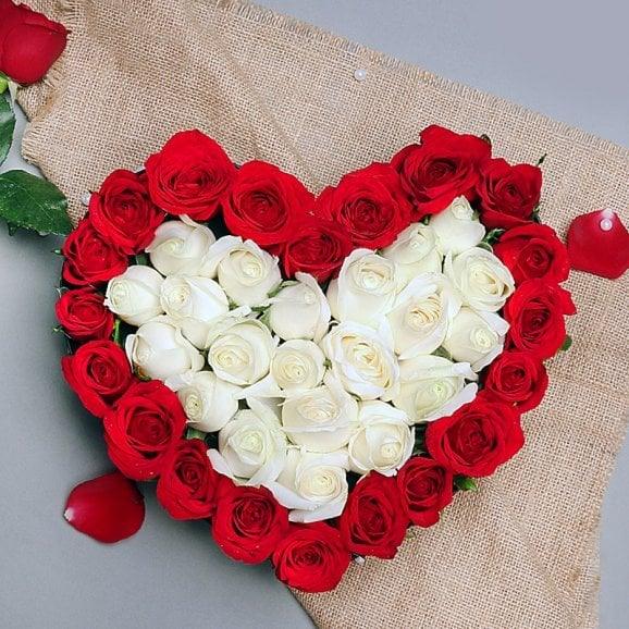 Heart Shape Arrangement of 40 Red & White Roses
