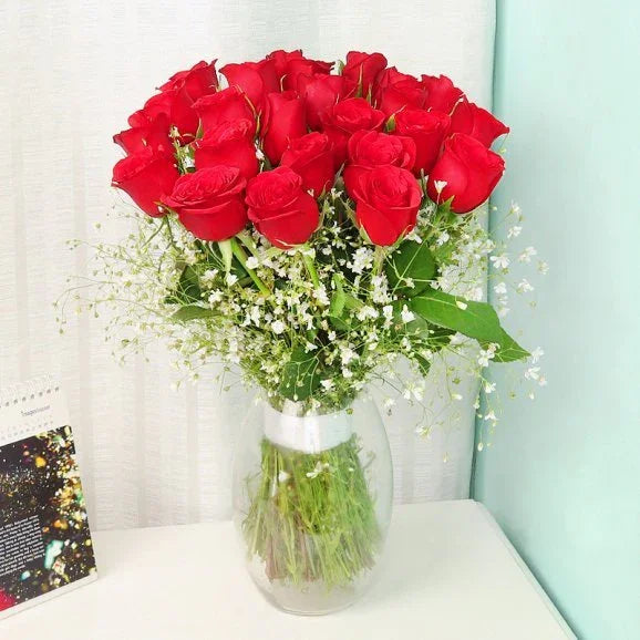 24 Red Roses Glass Vase Arrangement - Flower Delivery in GiftsGhaziabad