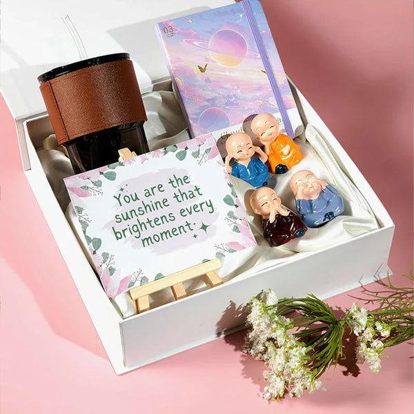 Zen Happiness Gift Box – Cute Monk Figurines, Tumbler, Notebook & Inspirational Card