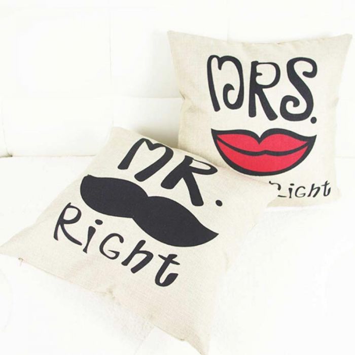 Mr Right Moustache And Mrs Always Right Red Lips Couple Cushions