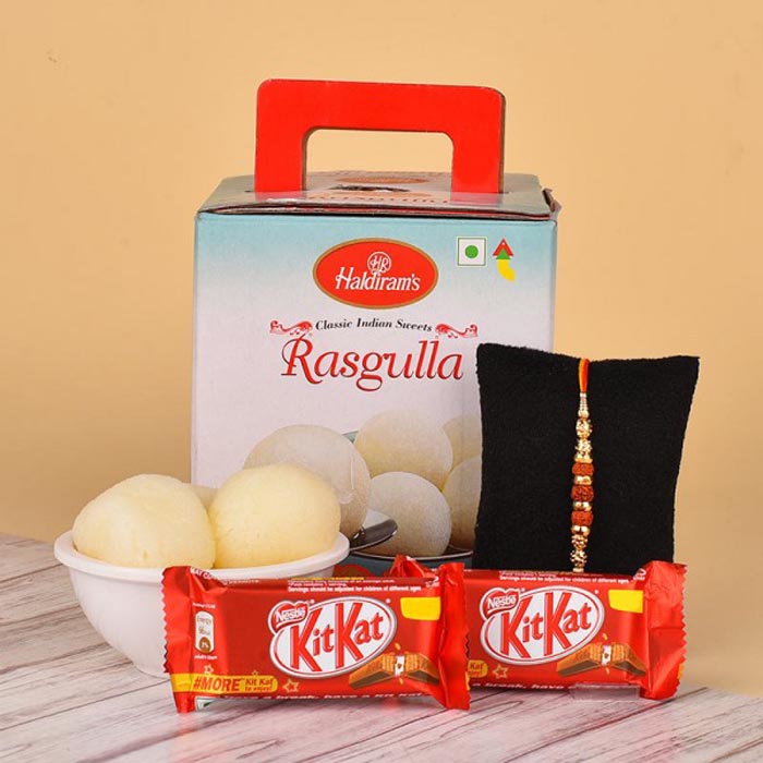 Rasgulla with kitkat chocolate rakhi hamper
