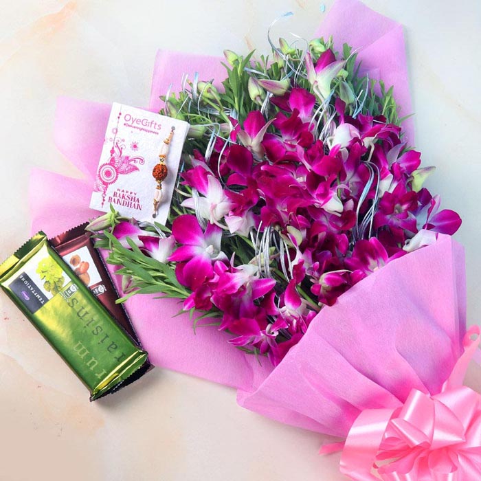 Orchid Bouquet with Temptation Rakhi Combo