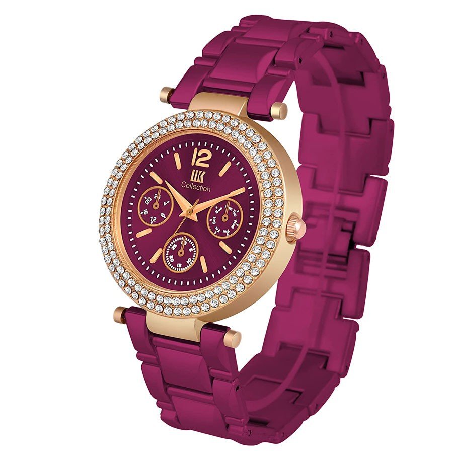 Steel Chain & Diamond Studded Dial Ladies Watch - Purple