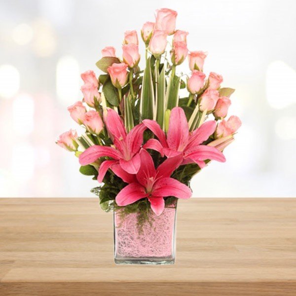 Vase of Pink Lily N Roses