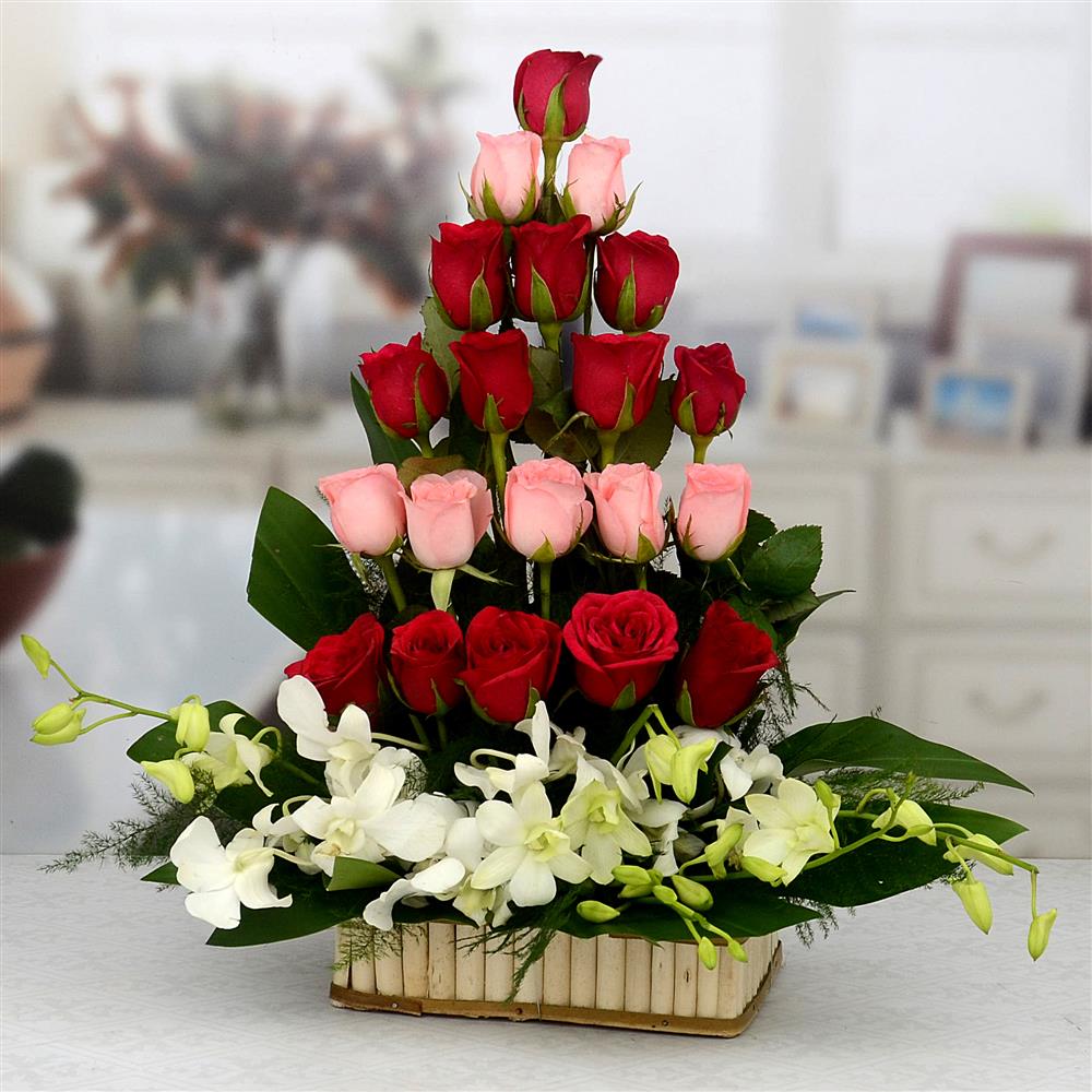 Roses and Orchid Flower Basket
