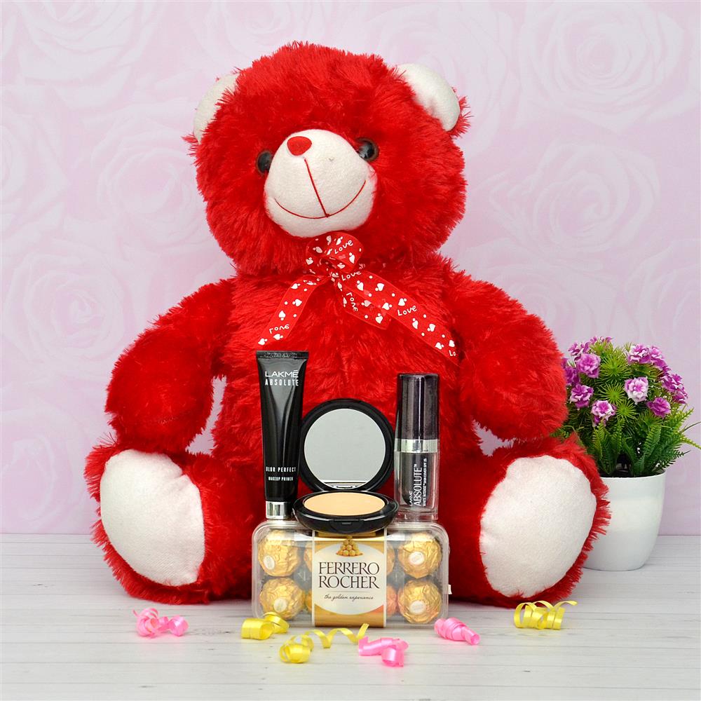 Red Teddy with Chocolates and Cosmetics