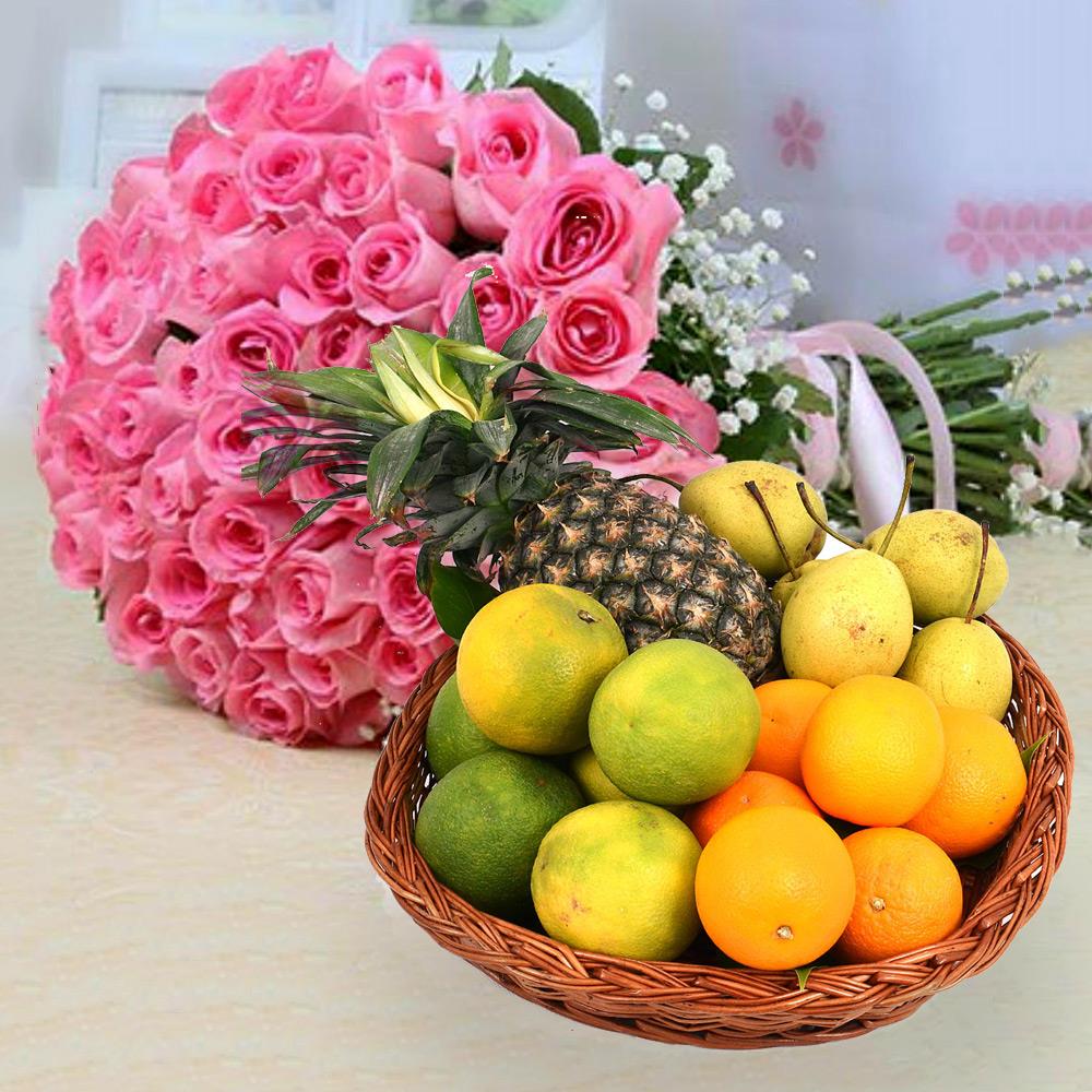 50 Pink Roses With Mixed Fruit Basket