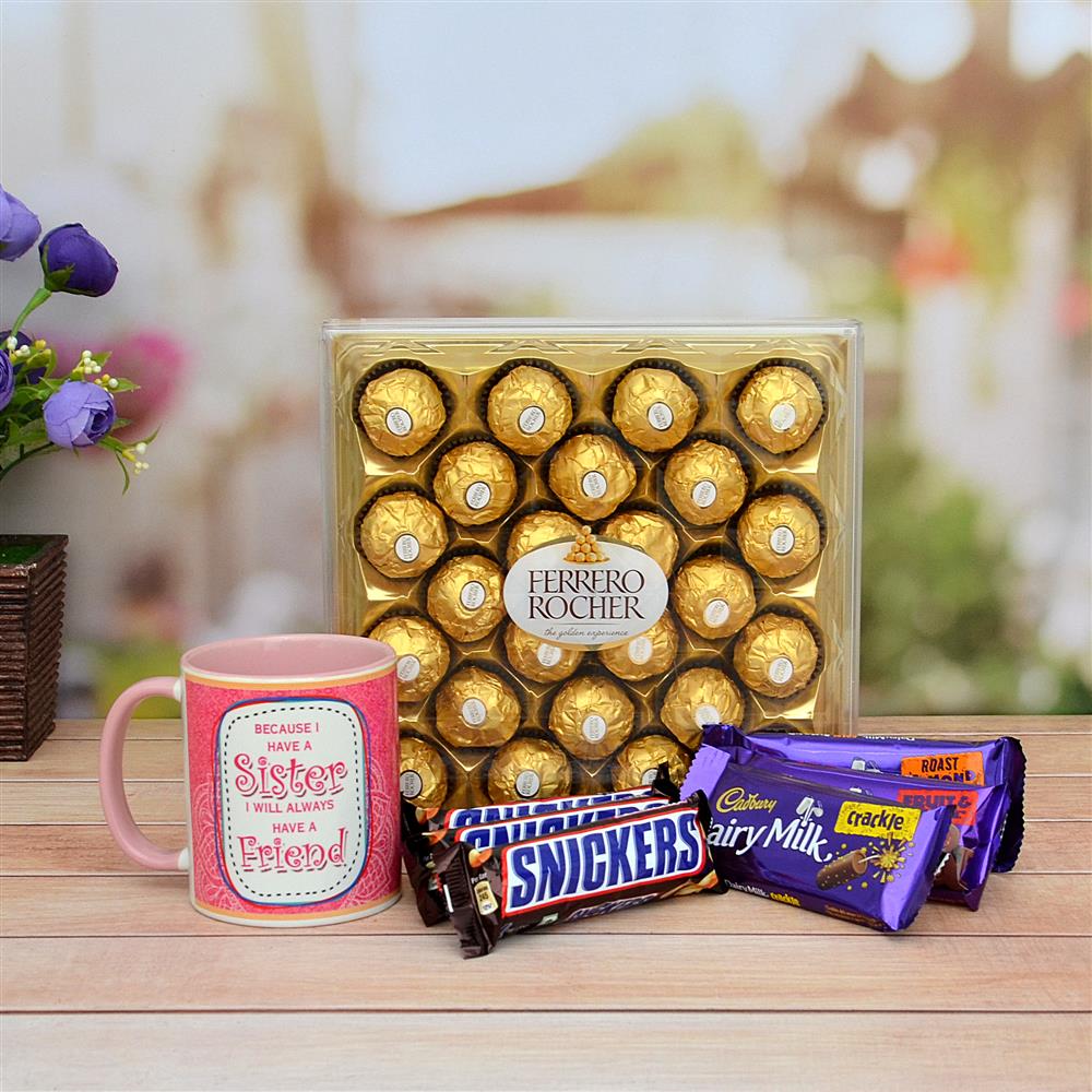 Ferrero Rocher, Snickers, Dairy Milk with Mug for Sister