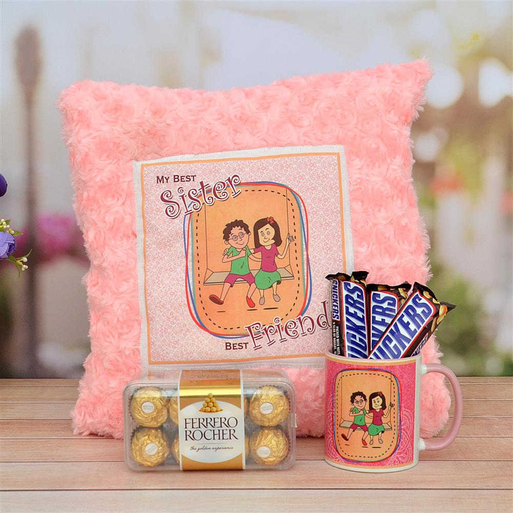 Cushion , Ferrero Rocher, Snickers with Mug for Sister