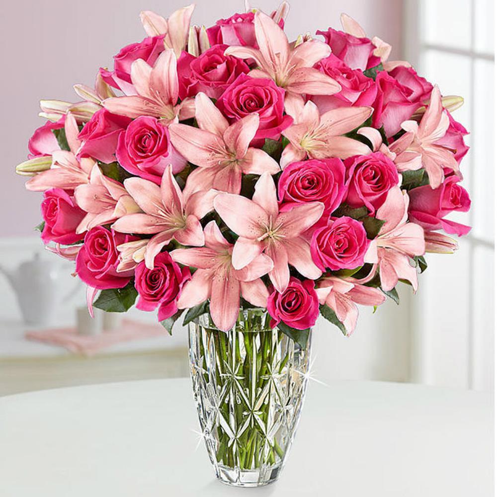 24 Pcs Pink Rose & 5 Stem Lily in a Glass Vase