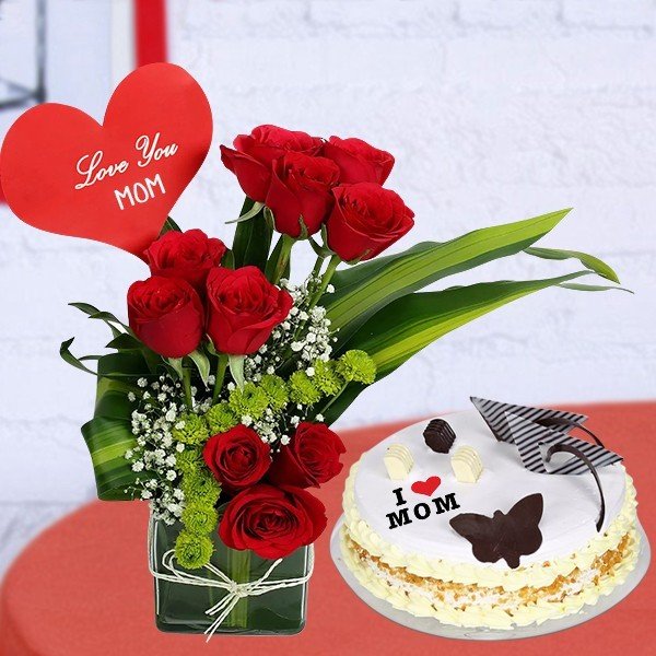 Red Rose Vase with Butterscotch Cake