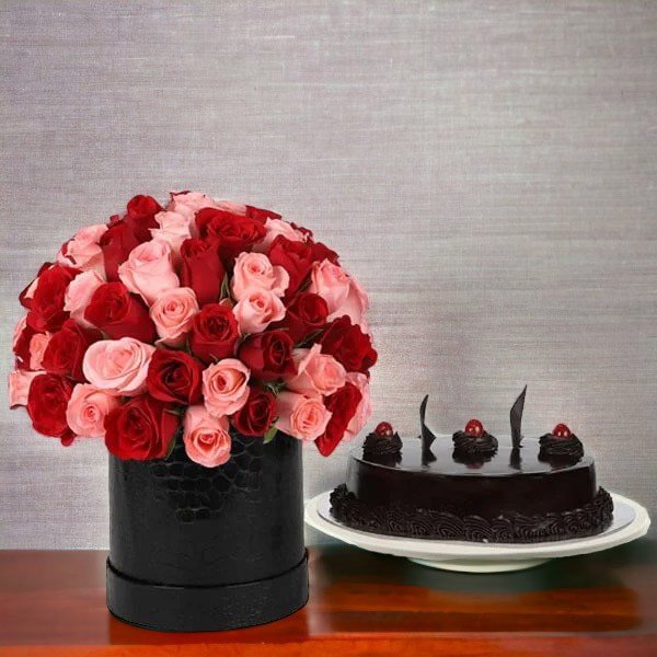 50 Pink - Red Roses Box with Chocolate Cake
