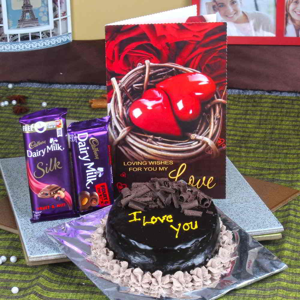 Cadbury Dairy Milk Chocolate With Chocolate Cake And Love Greeting Card