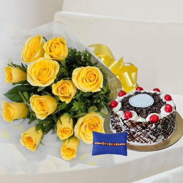 Rakhi with Yellow Roses and Cake