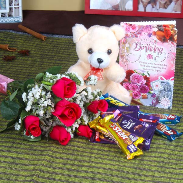 Birthday Roses with Assorted Chocolates and Teddy Bear Only For You