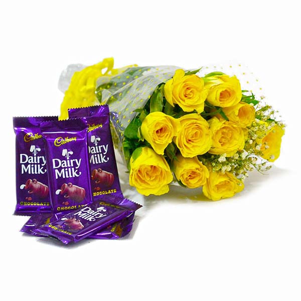 Bunch of 10 Yellow Roses with Cadbury Dairy Milk Chocolate Bars
