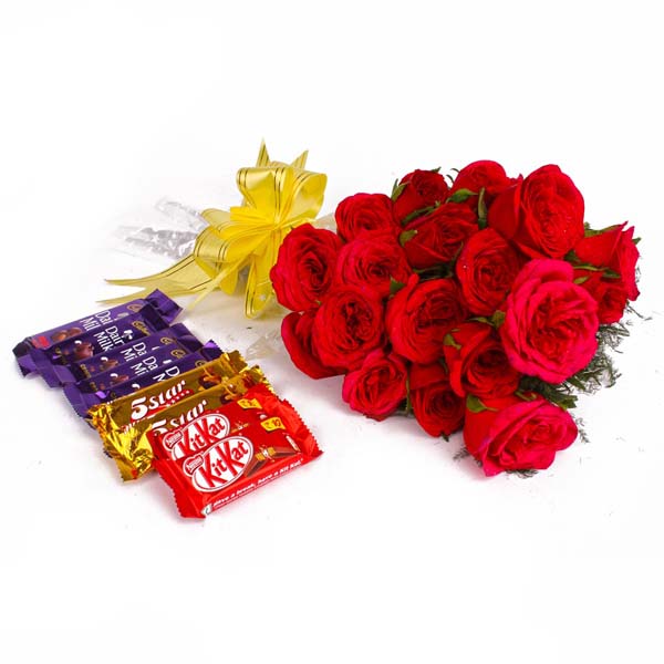 Bouquet of 20 Red Roses and Assorted Cadbury Chocolate Bars