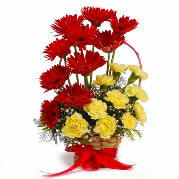 Basket of Red Gerberas with Yellow Carnations