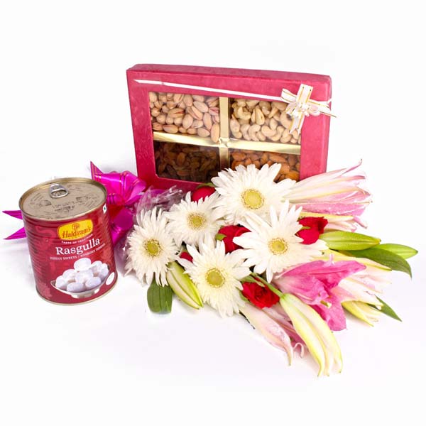 Stylish Bouquet of Mix Flowers with Rasgulla and Assorted Dry Fruits