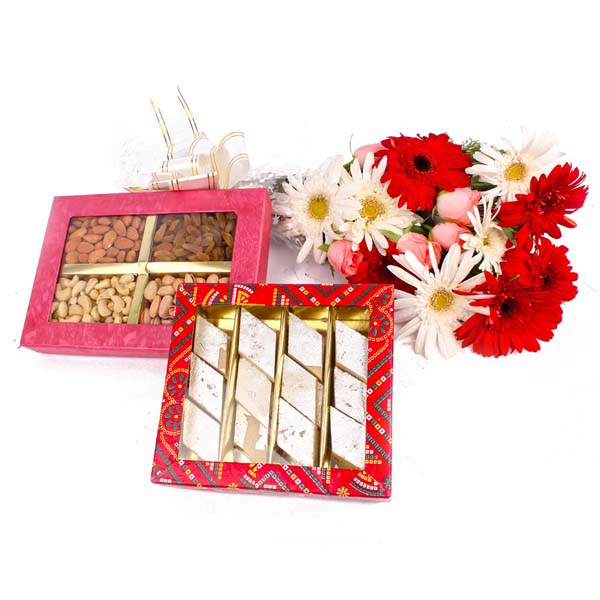 Bouquet of Gerberas and Roses with Dryfruits and Kaju Sweets