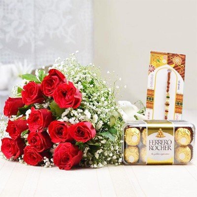 Red roses combo with Ferrero Rocher  Rakhi