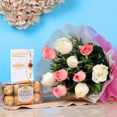 Rakhi with Flowers Online Delivery-Bouquet N Ferrero Rocher 