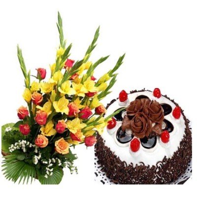 Flower Bunch With Black Forest Cake