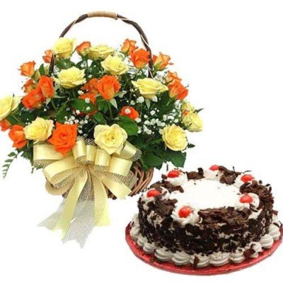 Roses Basket With Cake