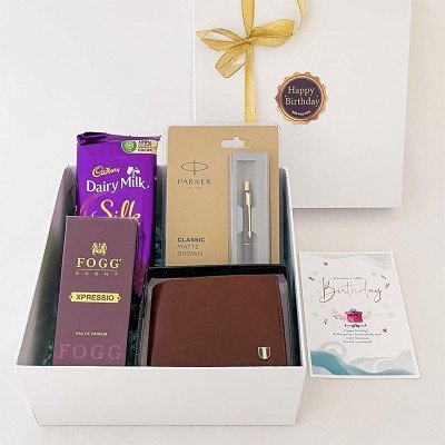 Birthday Gift wallet , parker pen , perfume with chocolate