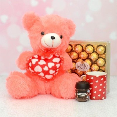 Peach Color Love Teddy With Ferrero Rocher Hamper