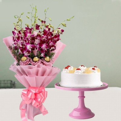 Orchids Bouquet & Pineapple Cake Combo