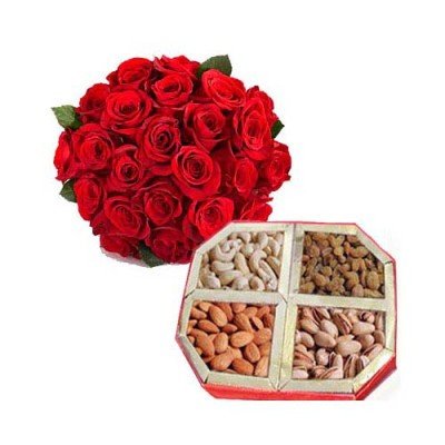 12 Red Roses And 1 Kg Dry Fruits