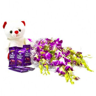 Purple Orchids with Teddy and Cadbury Dairy Milk Chocolate Bars