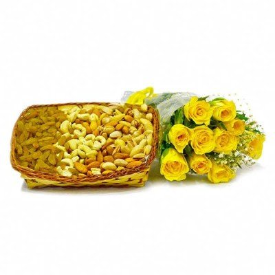 Basket of 1 Kg Assorted Dryfruits with 10 Yellow Roses Bunch