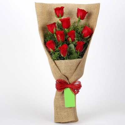 Jute Wrapped 10 Red Roses Bouquet