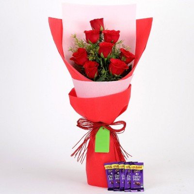 8 Red Roses With Dairy Milk Combo